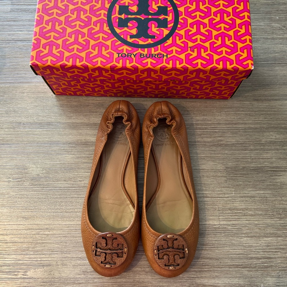 Tory Burch Brown Leather Minnie Travel Ballet Flats